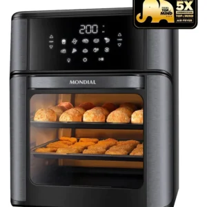 Fritadeira Elétrica Forno Oven 12 Litros Preta Mondial AFON-12L-BG com acessórios, janela transparente e painel digital.