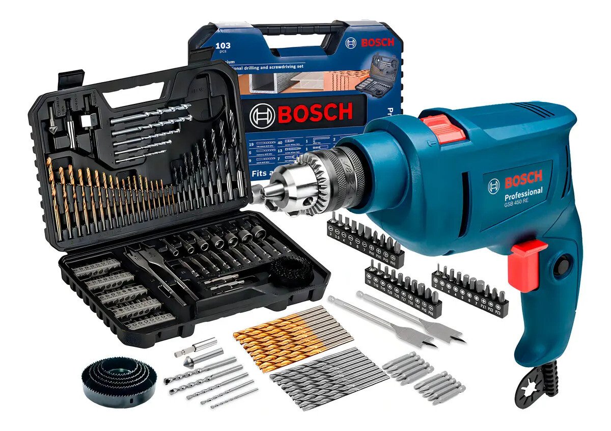Furadeira De Impacto 3/8 10mm Gsb 450 Re Bosch Com Jogo De Brocas Bits 103 Profissional Peças Azul-marinho 127v 60hz Furadeira De Impacto 3/8 10mm Gsb 450 Re Bosch Com Jogo De Brocas Bits 103 Profissional Peças Azul-marinho 127v 60hz