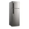 Geladeira Electrolux Frost Free 320L Duplex Inox Look (TF38S) com porta aberta exibindo o interior organizado e Gaveta HortiFruti.
