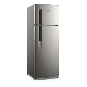 Geladeira Electrolux Frost Free 320L Duplex Inox Look (TF38S) com porta aberta exibindo o interior organizado e Gaveta HortiFruti.