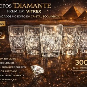 Jogo 6 Copos Diamond Egipcio 300ml Vidro Grosso Diamante Luxo Transparente Vitrex