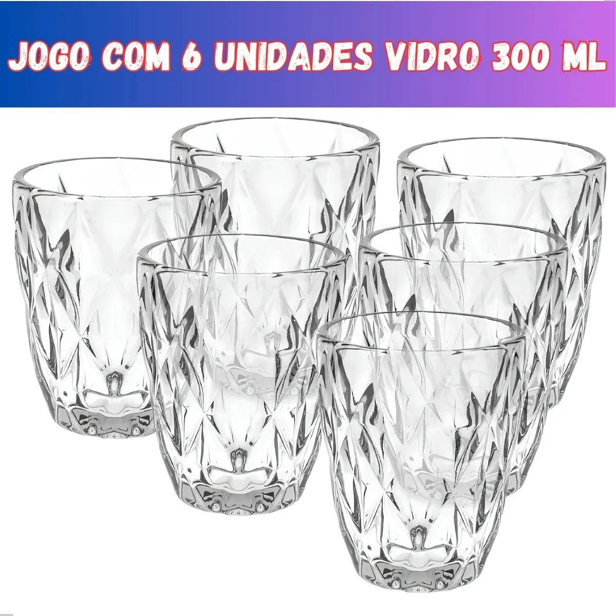 Jogo 6 Copos Vidro Diamante Grosso Resistente Agua 300ml Branco Ms Variedades Jogo 6 Copos Vidro Diamante Grosso Resistente Agua 300ml Branco Ms Variedades
