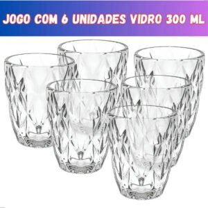 Jogo 6 Copos Vidro Diamante Grosso Resistente Água 300ml Branco Ms Variedades