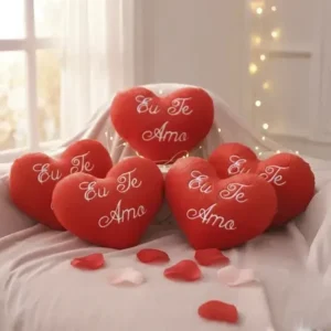 Kit 05 Peças Coração De Pelúcia 13cm Bordada Frase Eu Te Amo Vermelho