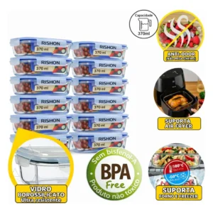 Kit 10 Pote de Vidro Marmita Hermético Rishon 370ml para Freezer Fitness