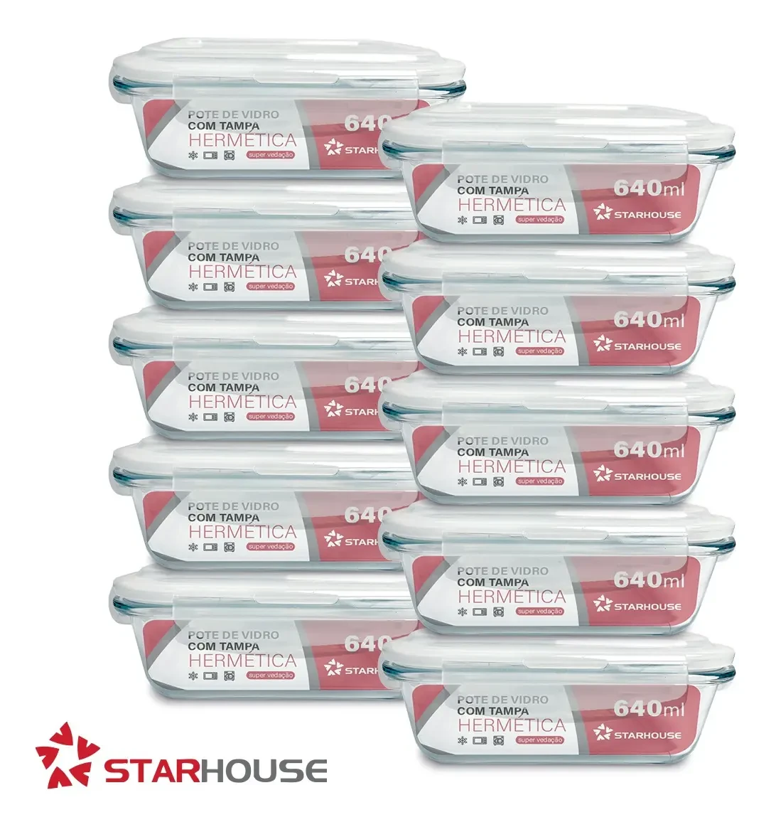 Kit 10 Potes Herméticos Vidro 640ml Starhouse Marmita Forno Micro-ondas Kit 10 Potes Herméticos Vidro 640ml Starhouse Marmita Forno Micro-ondas