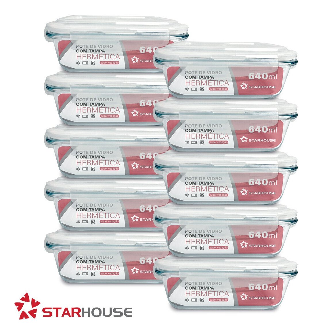 Kit 10 Potes Herméticos Vidro 640ml Starhouse Marmita Forno Micro-ondas Kit 10 Potes Herméticos Vidro 640ml Starhouse Marmita Forno Micro-ondas