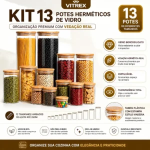 Kit 13 Potes Vidro Herméticos Vitrex Tampa Bambu Mantimentos