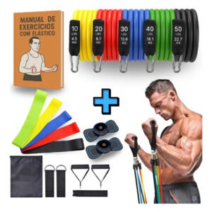 Kit 19 Itens Treino Em Casa Academia Fisioterapia Extensor Faixa Elástica Massageador e Manual de Exercício