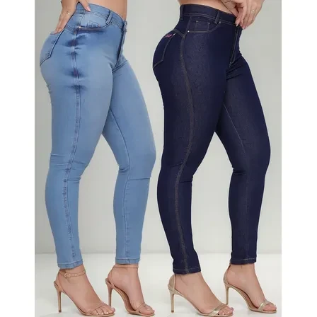Kit 2 Calça Jeans Feminina Cintura Alta Com Lycra Original Promoção Kit 2 Calça Jeans Feminina Cintura Alta Com Lycra
