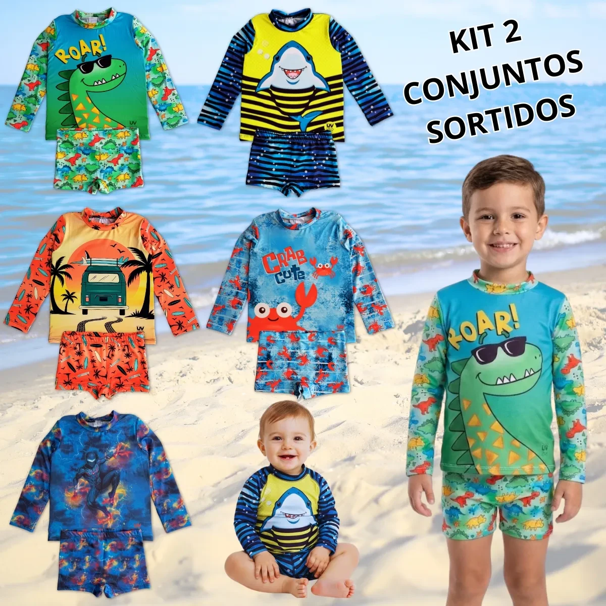Kit 2 Conjuntos Roupa de Banho Infantil Proteção Solar UV50 Oferta Kit 2 Conjuntos Roupa de Banho Infantil Proteção Solar UV50 para bebês e crianças