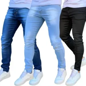 Kit 3 Calças Jeans Masculina Com Elastano Super Confortável em tons de azul e preto