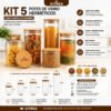 Kit 5 Potes De Vidro Herméticos Com Tampa De Bambu Organizador Para Mantimentos Grãos Café Massas E Cereais 3,8 Litros Vitrex Transparente