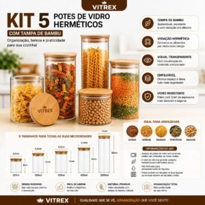Kit 5 Potes De Vidro Herméticos Com Tampa De Bambu Organizador Para Mantimentos Grãos Café Massas E Cereais 3,8 Litros Vitrex Transparente