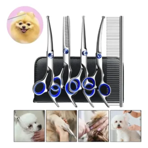 Kit 5 Tesoura Pet Cão Reta E Curva Petshop Tosa Profissional