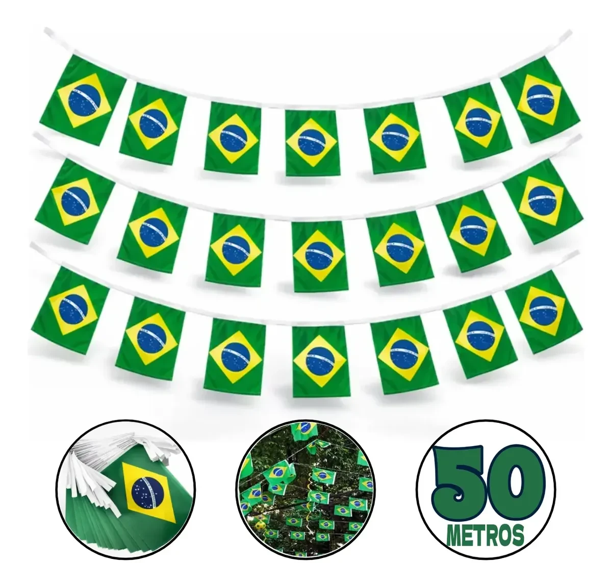 Varal de Bandeirinhas do Brasil para Copa do Mundo 2026 com 50 Metros HXRD GROUP Varal de bandeirinhas do Brasil com 50 metros para a Copa do Mundo 2026 da HXRD GROUP