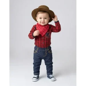 Kit Body Festa Junina Bebê Xadrez Calça Lenço E Chapéu