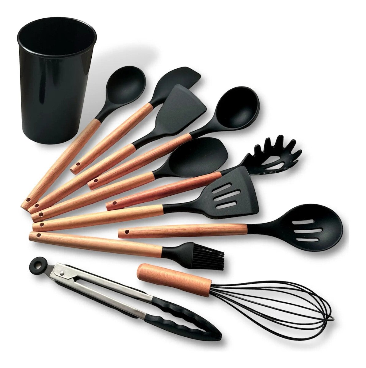 Kit C/12 Utensílios De Cozinha Silicone Cabo Madeira Kit C/12 Utensílios De Cozinha Silicone Cabo Madeira