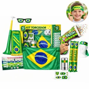 Kit Copa 2026 Brasil Torcedor Com 12 Itens, Bandeira, Óculos, Cachecol, Buzina, Pulseira E Acessórios Para Festa, Jogos, Torcida E Comemoração Em Casa Para Casa E Eventos – Mão Santa Amarelo