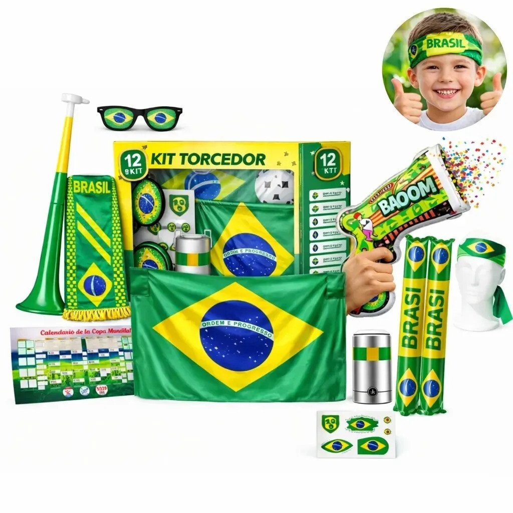 Kit Copa 2026 Brasil Torcedor Com 12 Itens, Bandeira, Óculos, Cachecol, Buzina, Pulseira E Acessórios Para Festa, Jogos, Torcida E Comemoração Em Casa Para Casa E Eventos - Mão Santa Amarelo Kit Copa 2026 Brasil Torcedor Com 12 Itens, Bandeira, Óculos, Cachecol, Buzina, Pulseira E Acessórios Para Festa, Jogos, Torcida E Comemoração Em Casa Para Casa E Eventos - Mão Santa Amarelo