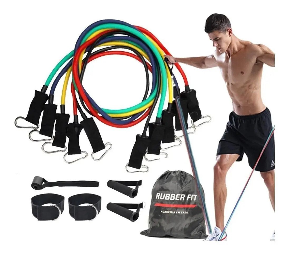 Kit Elásticos Treino Rubber Fit Academia 11 Peças Original Kit De Elásticos Para Treino Exercícios Malhar Academia Tubing 11 Peças Rubber Fit