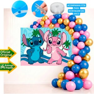 Kit Festa Stitch decoração de aniversário com painel, balões e arco