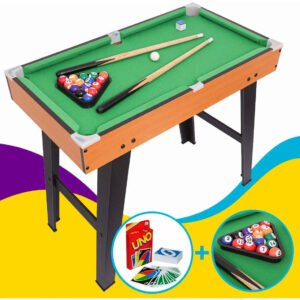 Mesa De Bilhar Infantil Sinuca Mini Snooker Em Madeira Com Pé Brinquedo Jogo Com Bola E Taco + Jogo De Cartas Uno Verde