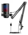 Microfone Condensador Gamer Live Led Rgb Braço Articulado Hellfox HE-850U com iluminação LED em setup gamer