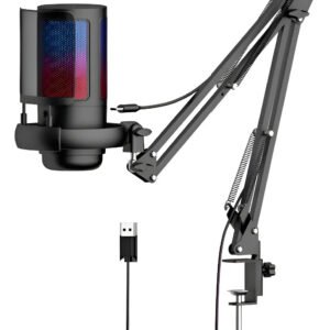 Microfone Condensador Gamer Live Led Rgb Braço Articulado Preto