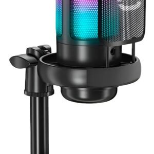 Microfone Gamer Condensador Profissional RGB Techstore Preto com iluminação LED