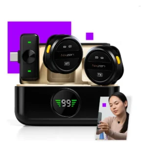 Microfone Lapela Redondo Sem Fio Tipo-C Duplo Anti Ruído com Estojo de Carregamento Nixzen Preto
