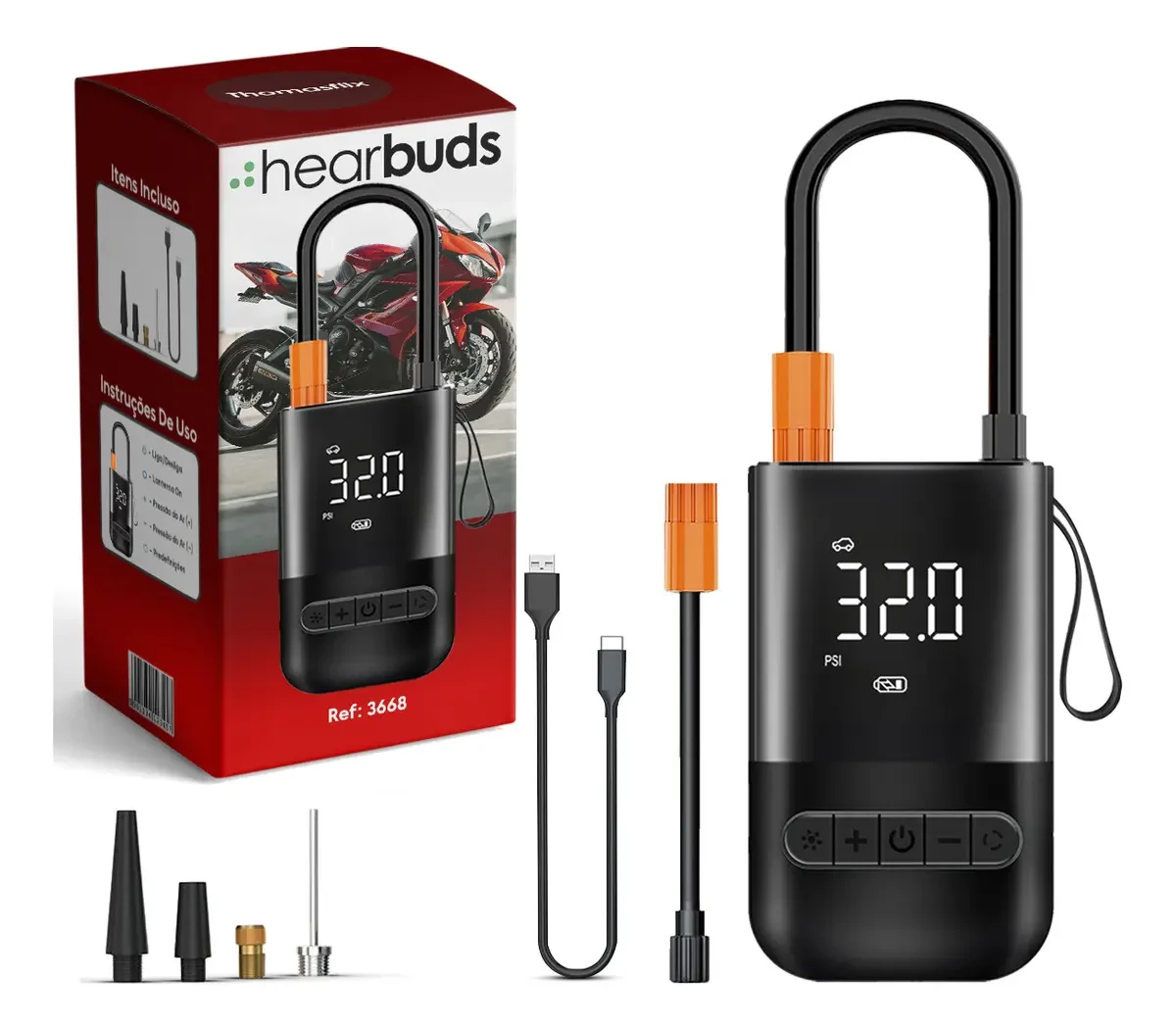 Mini Compressor Hearbuds Portátil PowerBank Digital Preto 150 PSI USB-C Original Mini Compressor de Ar Hearbuds Portátil PowerBank Digital Preto 150 PSI USB-C