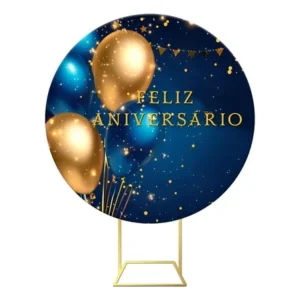 Painel De Festa Redondo Tecido Feliz Aniversário Balão 1,506 Azul