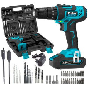 Parafusadeira Furadeira De Impacto Profissional 21v 3/8 10mm Philco Ppf21mf Com Maleta E 74 Acessórios Cor Azul 127/220v 60 Hz