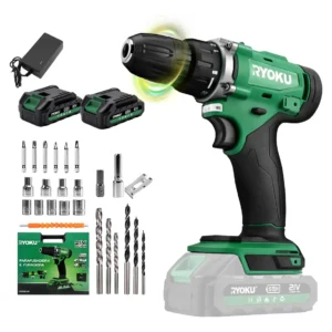 Parafusadeira Furadeira Elétrica Ryoku 2 Baterias 21v verde com kit de brocas e maleta