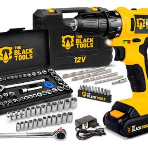 Parafusadeira Furadeira Sem Fio Bateria 12v P/ Madeira Metal Tb-12e The Black Tools Com Jogo De Soquetes 40 Peças Amarelo 127/220v 50/60hz