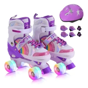 Patins Quad Lindo Rosa Ajustável com Kit Proteção e Rodinhas de Led para Crianças