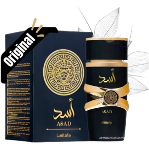 Perfume Lattafa Asad 100ml Eau De Parfum Original Edp com frasco dourado e embalagem preta