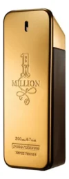 Frasco dourado do Perfume Rabanne 1 Million Eau de Toilette 200 ml com logomarca e tampa dourada