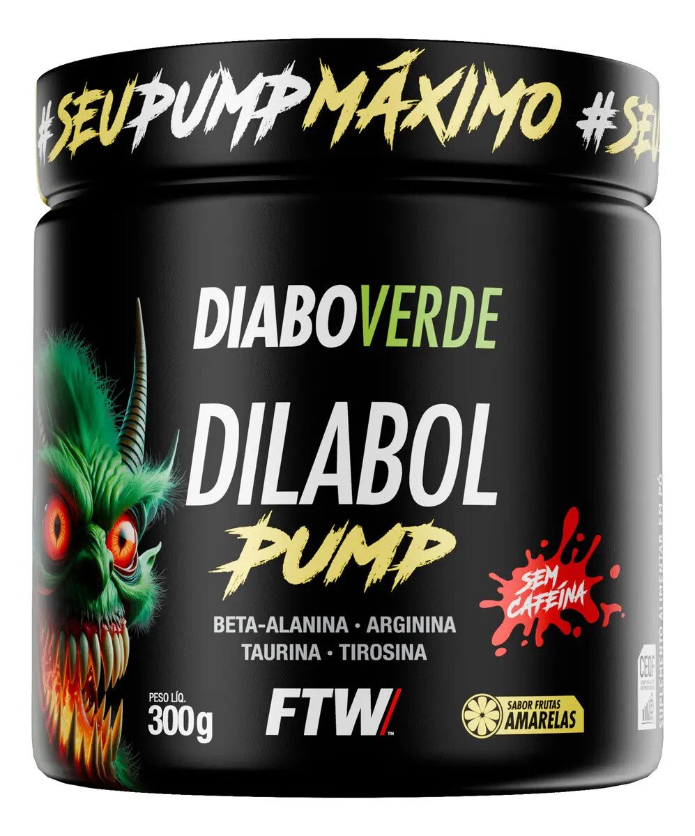 Pré Treino Dilabol Pump Diabo Verde Sem Cafeína Pote 300g Sabor Frutas Amarelas - Ftw Pré Treino Dilabol Pump Diabo Verde Sem Cafeína Pote 300g Sabor Frutas Amarelas - Ftw