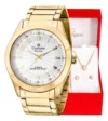 Relógio Champion Feminino Dourado com Colar e Brincos, Mostrador Branco