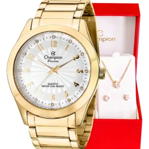Relógio Champion Feminino Dourado com Colar e Brincos, Mostrador Branco