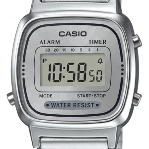 Relógio Feminino Casio Vintage Mini Ícone Retrô Prata com pulseira de aço inoxidável e tela digital clássica