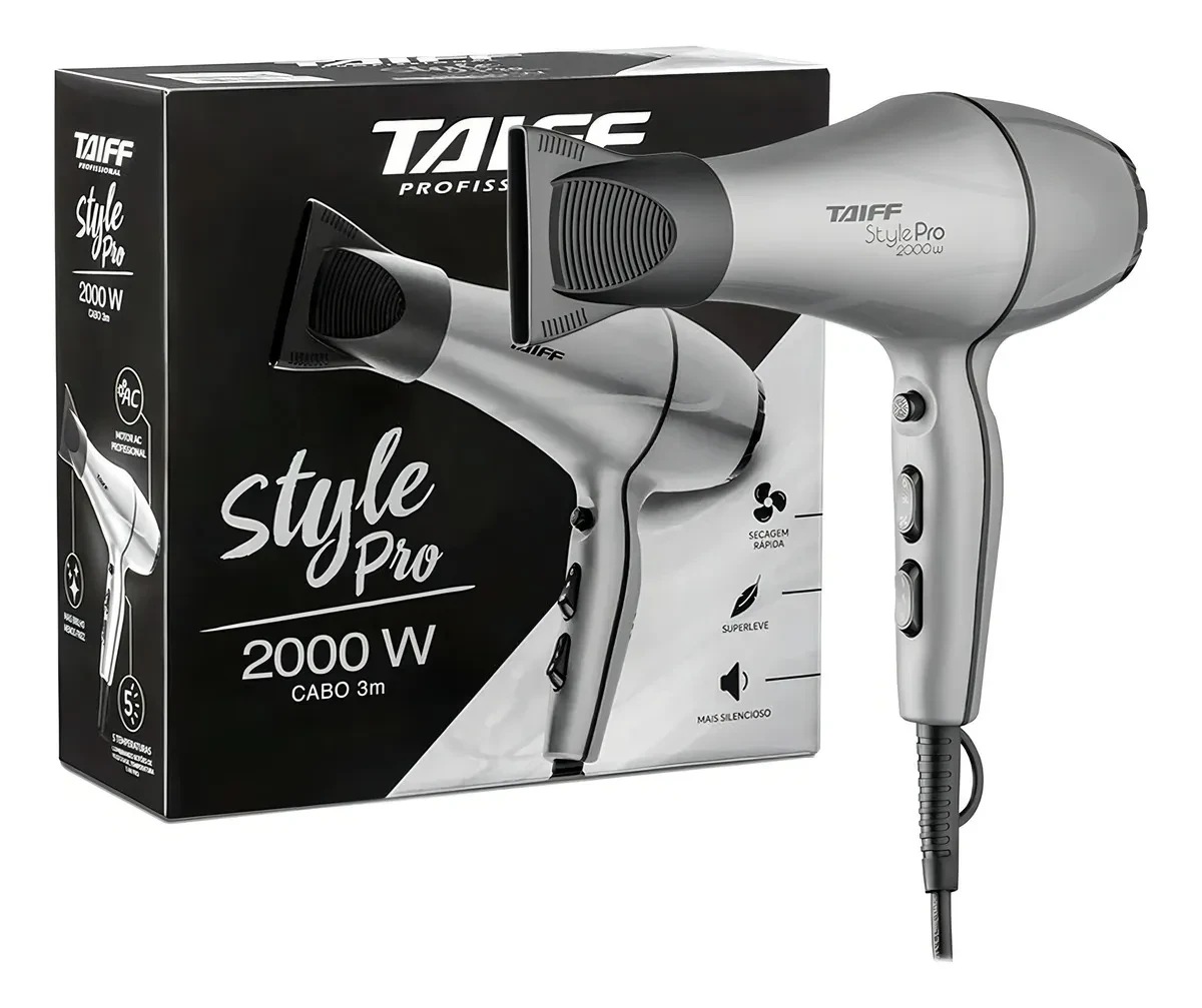 Secador Taiff Style Pro 2000W Original com 5 Temperaturas e Motor AC Secador de Cabelo Taiff Style Pro 2000W Prateado com 5 Temperaturas e Motor AC