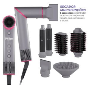 Secador De Cabelos Philco Motor Bldc 6 Acessórios Fast Dry 1450w Psd16a 127v Cinza E Rosa