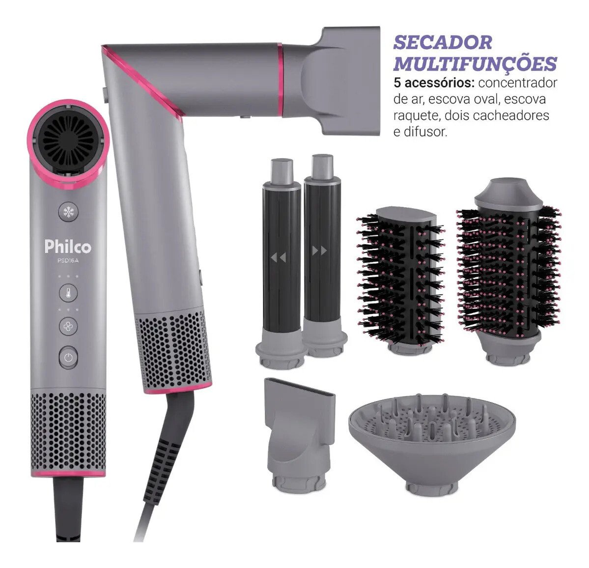 Secador De Cabelos Philco Motor Bldc 6 Acessórios Fast Dry 1450w Psd16a 127v Cinza E Rosa Secador De Cabelos Philco Motor Bldc 6 Acessórios Fast Dry 1450w Psd16a 127v Cinza E Rosa