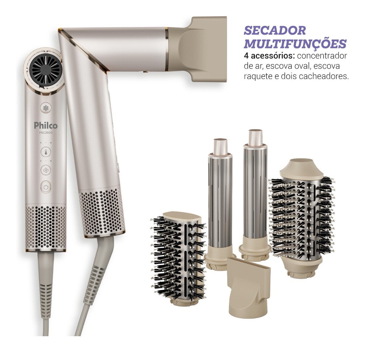 Secador De Cabelos Philco psc3500 4 Em 1 dobrável motor bldc Prateado Bege 127v Secador De Cabelos Philco psc3500 4 Em 1 dobrável motor bldc Prateado Bege 127v