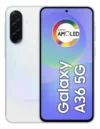 Smartphone Samsung Galaxy A36 5G 256GB 8GB RAM Branco, com tela ligada exibindo interface colorida e câmera traseira tripla em destaque.