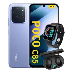 Smartphone Xiaomi Poco C85 256GB lançamento 2026 na cor preta com tela ligada mostrando o sistema operacional