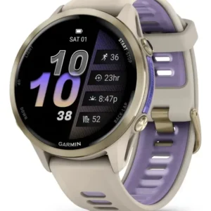 Smartwatch Garmin Forerunner 970 com Monitor Cardíaco de Pulso e GPS Titânio Dourado Suave com Pulseira Cinza Francês Translúcida Índigo